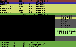 Phantasie II (Commodore 64) screenshot: Individual combat options