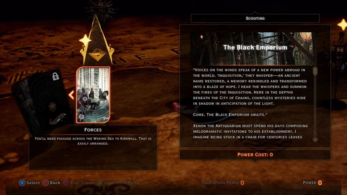 Dragon Age: Inquisition - The Black Emporium (PlayStation 4) screenshot: Selecting the way to handle the mission before you can access the area