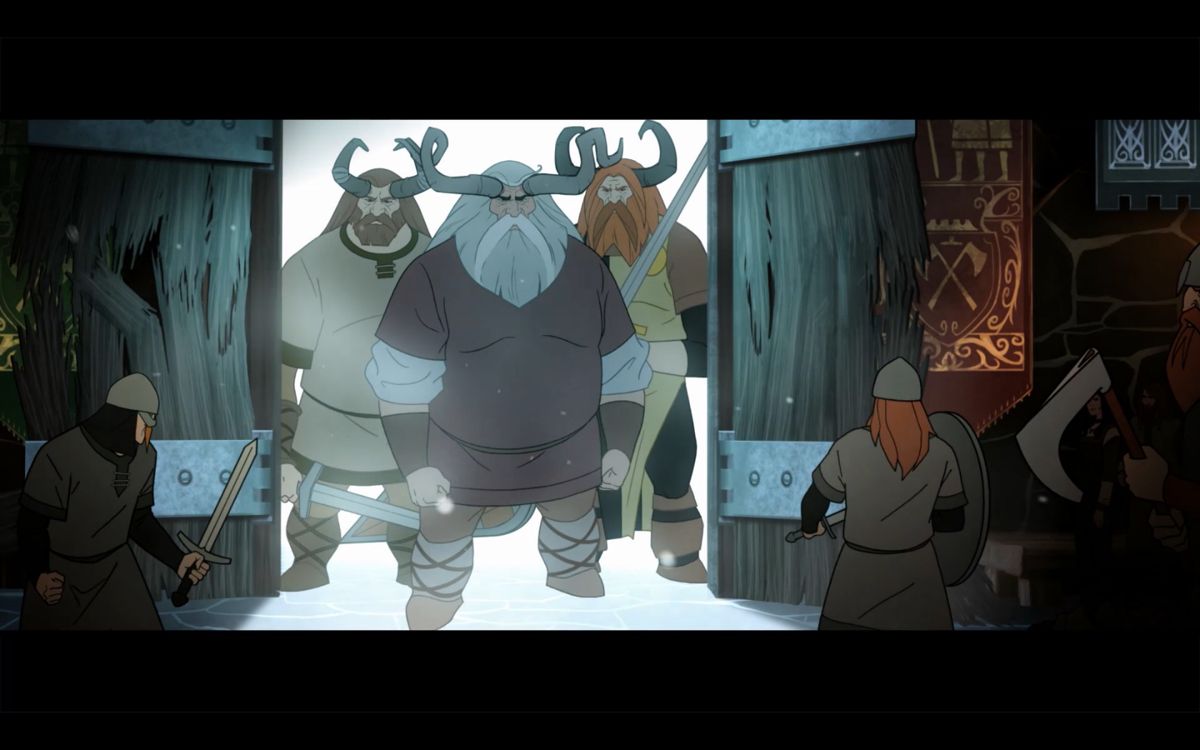 The Banner Saga (Windows) screenshot: Cinematic opening: Ubin arrives in the city of Strand in time to stop an attack on the Governor by the Skalfings.