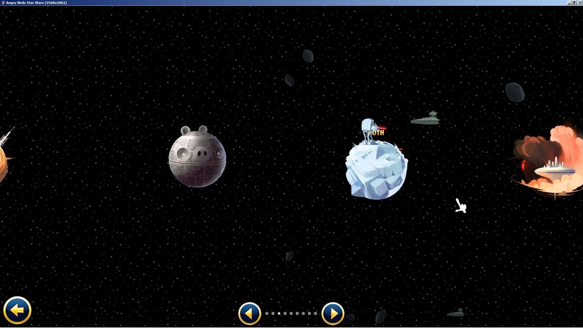 Angry Birds: Star Wars (Windows) screenshot: The player scrolls right/left to select the world they wish to play in, Tatooine is just off screen on the left, then we have Death Star, Hoth the ice planet, and Cloud City over on the right