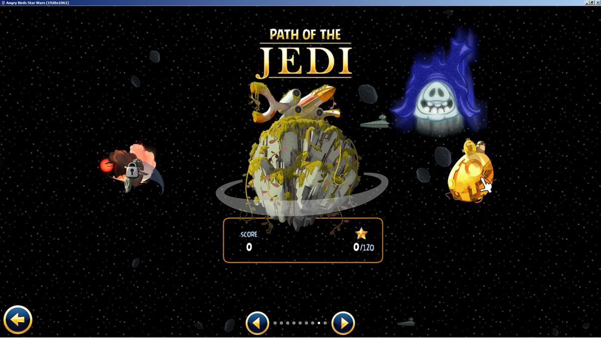 Angry Birds: Star Wars (Windows) screenshot: All the worlds relate to sections of the film except the Boba Fett missions on the left, these are the last to be unlocked, Path of the Jedi, and the Bonus Missions on the right
