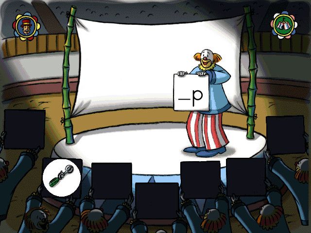 Curious George Learns Phonics (Windows) screenshot: One clown is on stage with a letter and you must scan for the picture whose word ends with the same letter