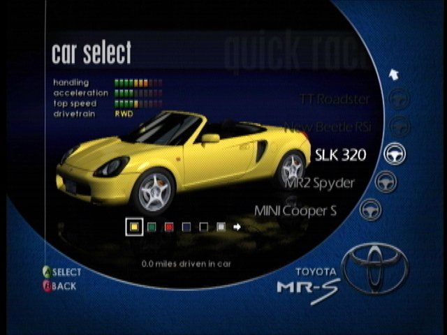 Project Gotham Racing (Xbox) screenshot: Car selection