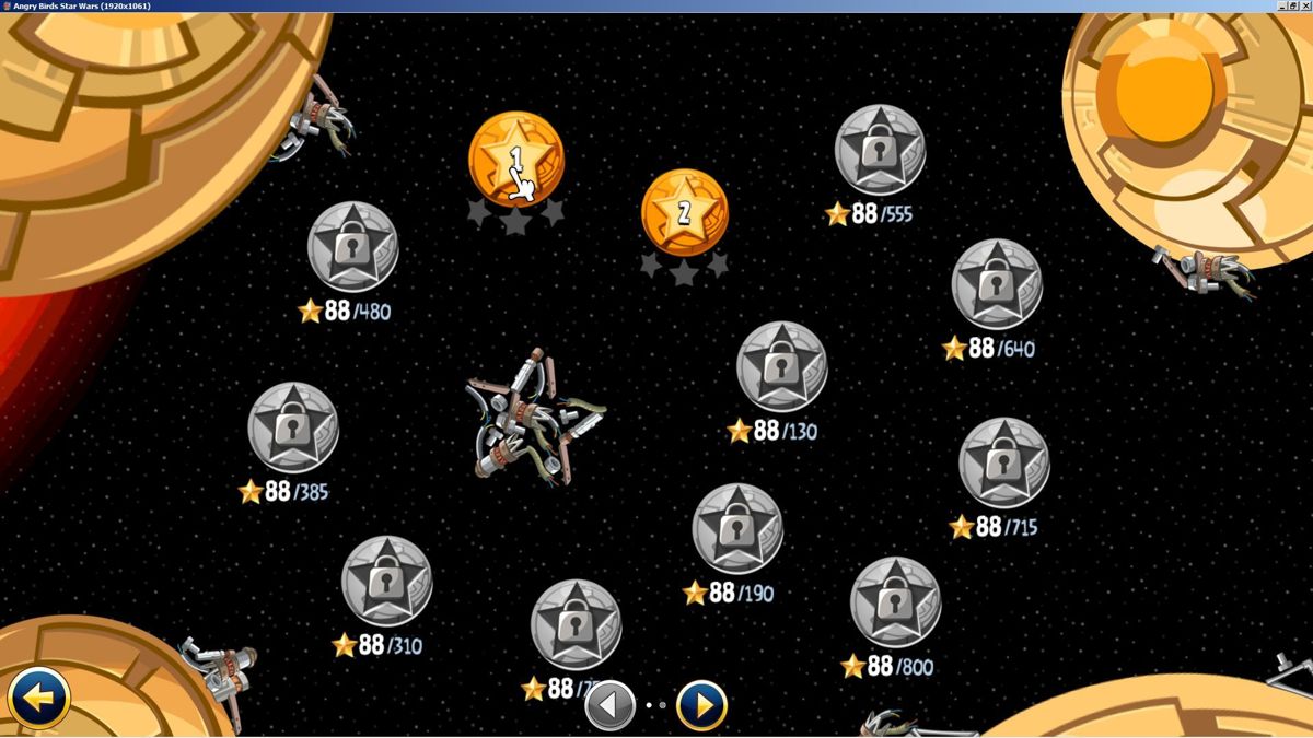 Angry Birds: Star Wars (Windows) screenshot: The mission selection screen for the Bonus Missions. All worlds have similar screens.<br>These screens and all of the menus contain bits of space junk, plants and other destructible items