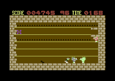 Fearless Fred and the Factory of Doom (Commodore 64) screenshot: These yellow platforms are easier for Fred to collect the parts
