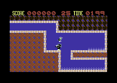 Fearless Fred and the Factory of Doom (Commodore 64) screenshot: Jumping over a robot
