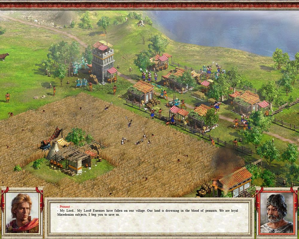 Alexander (Windows) screenshot: A settlement being raided.