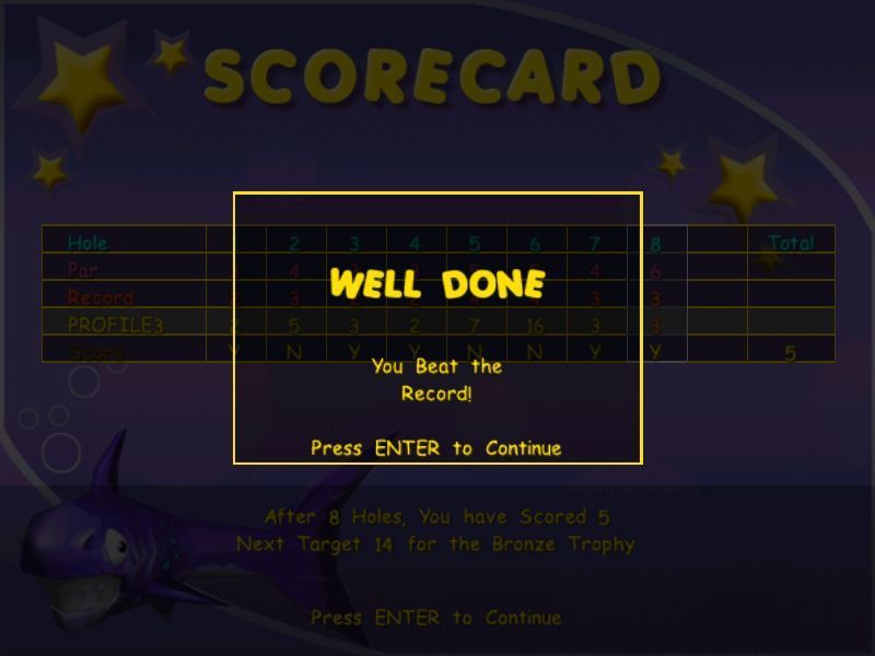 Crazy Golf (Windows) screenshot: Naturally the game maintains a scorecard and lets the player know when they've done especially well