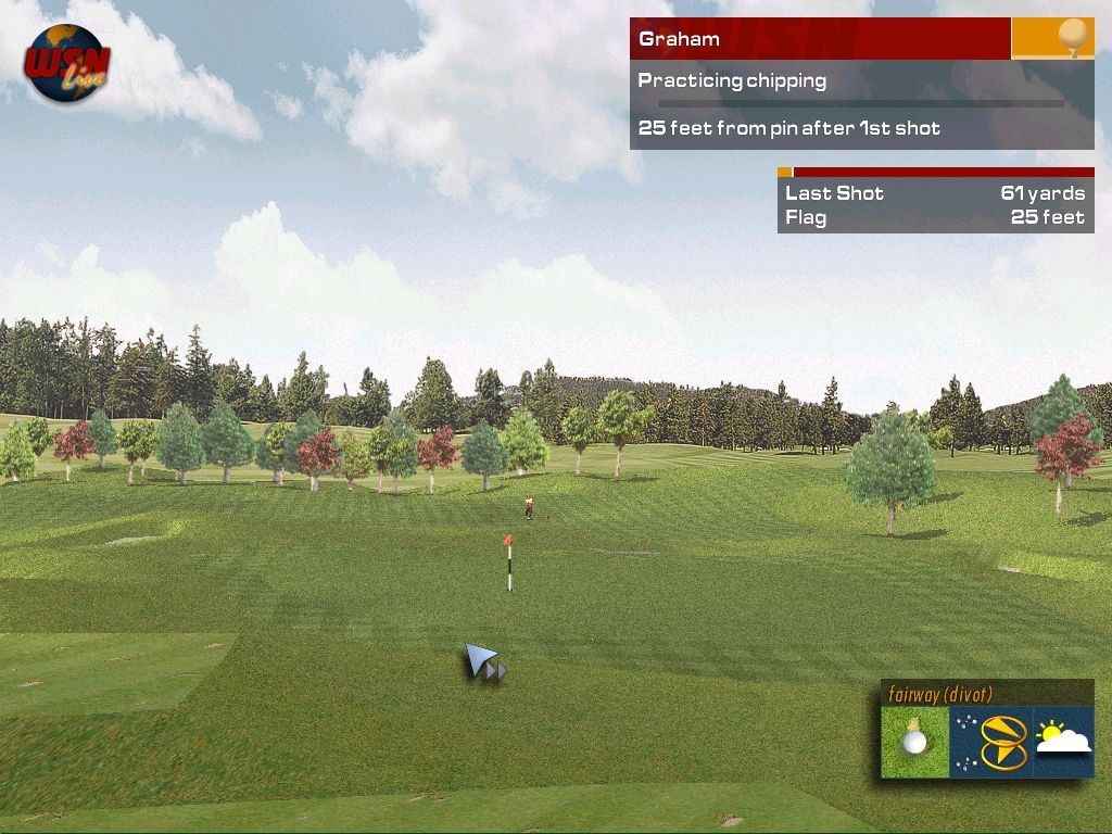 Pro 18 World Tour Golf (Windows) screenshot: Practising chipping at the Royal County Down course.<br>After a decent shot the camera shows the reverse view as the ball lands