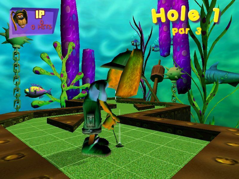Crazy Golf (Windows) screenshot: Each hole starts with a fly-by, then the player is on the green. This is Sea World so there's lots of animated distractions