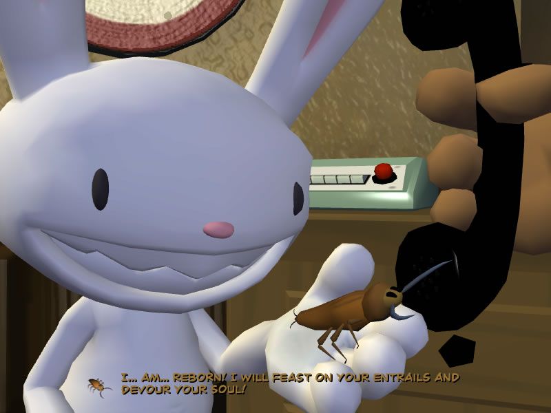 Sam & Max: Episode 4 - Abe Lincoln Must Die! (Windows) screenshot: The listening device of the previous episode does an impersonation of a demon from the film The Exorcist.