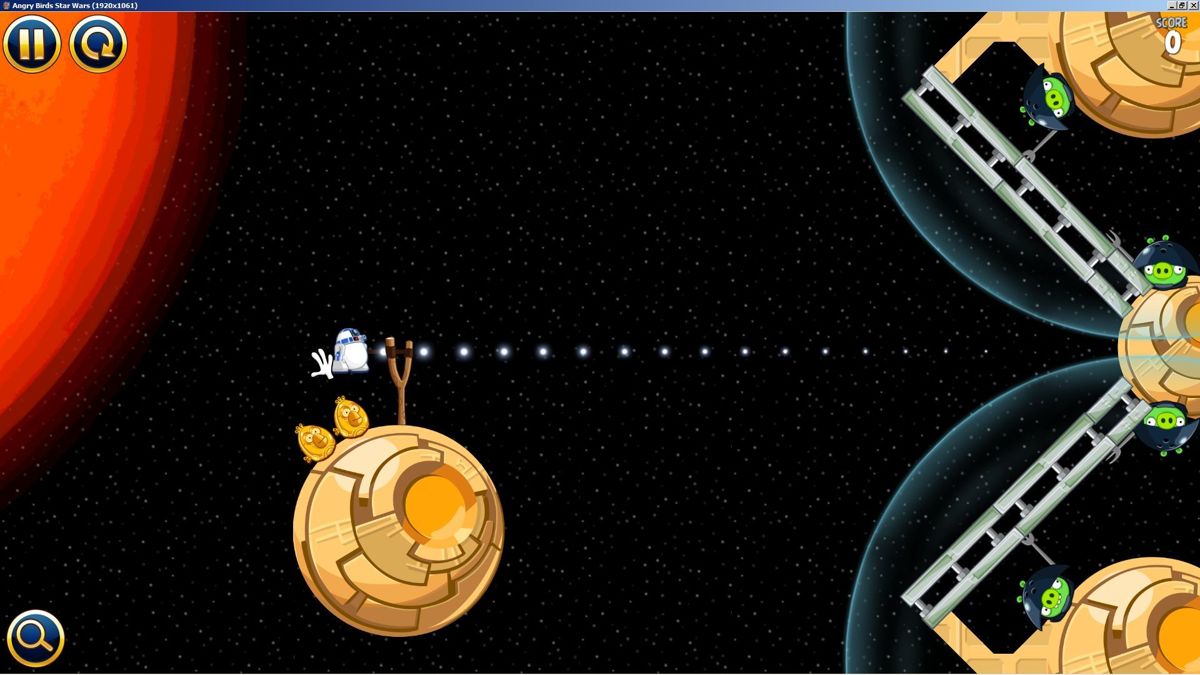 Angry Birds: Star Wars (Windows) screenshot: The first Bonus mission, her R2D2 is being lined up. The length of the trail of dots indicates his force/speed