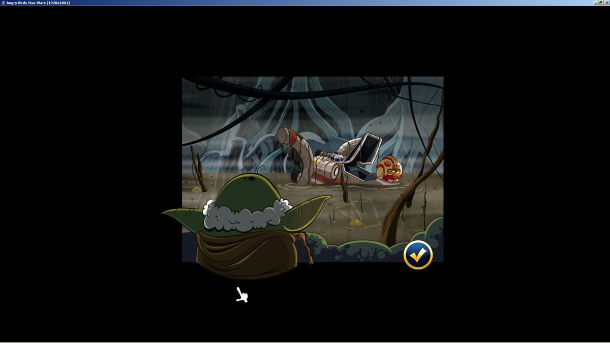 Angry Birds: Star Wars (Windows) screenshot: At the start of each section there's a sequence of still cartoon shots showing events from the film. This is from The Path OF The Jedi which is from the film Star Wars II