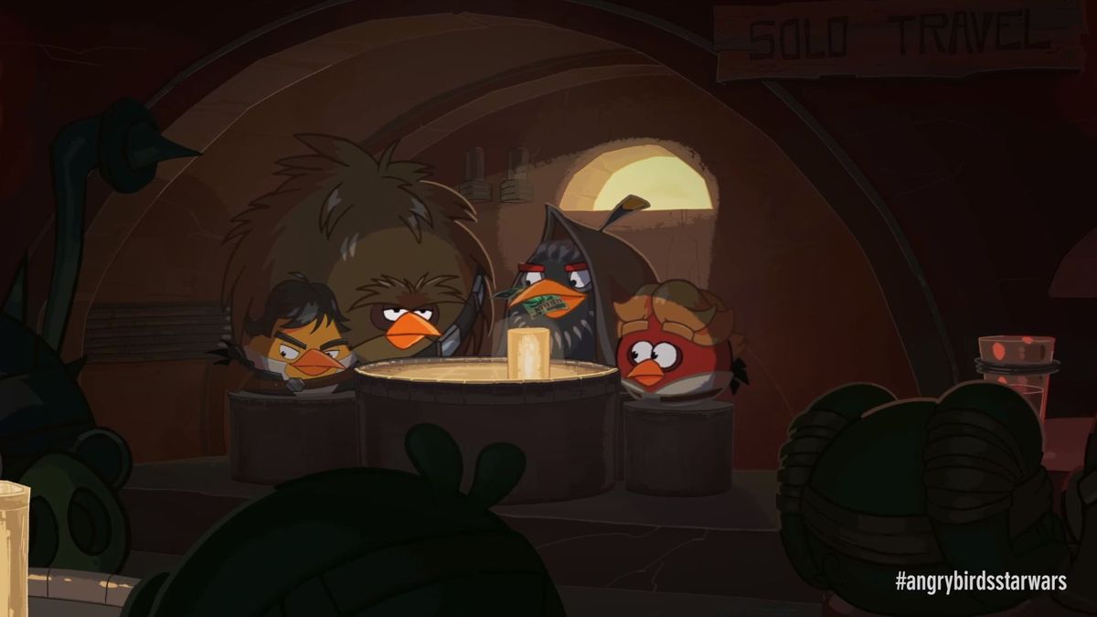 Angry Birds: Star Wars (Windows) screenshot: In the lower right of the game's menu is a button to play the Angry Birds Star Wars Story, this opens a browser window linked to YouTube where the shorth movie plays