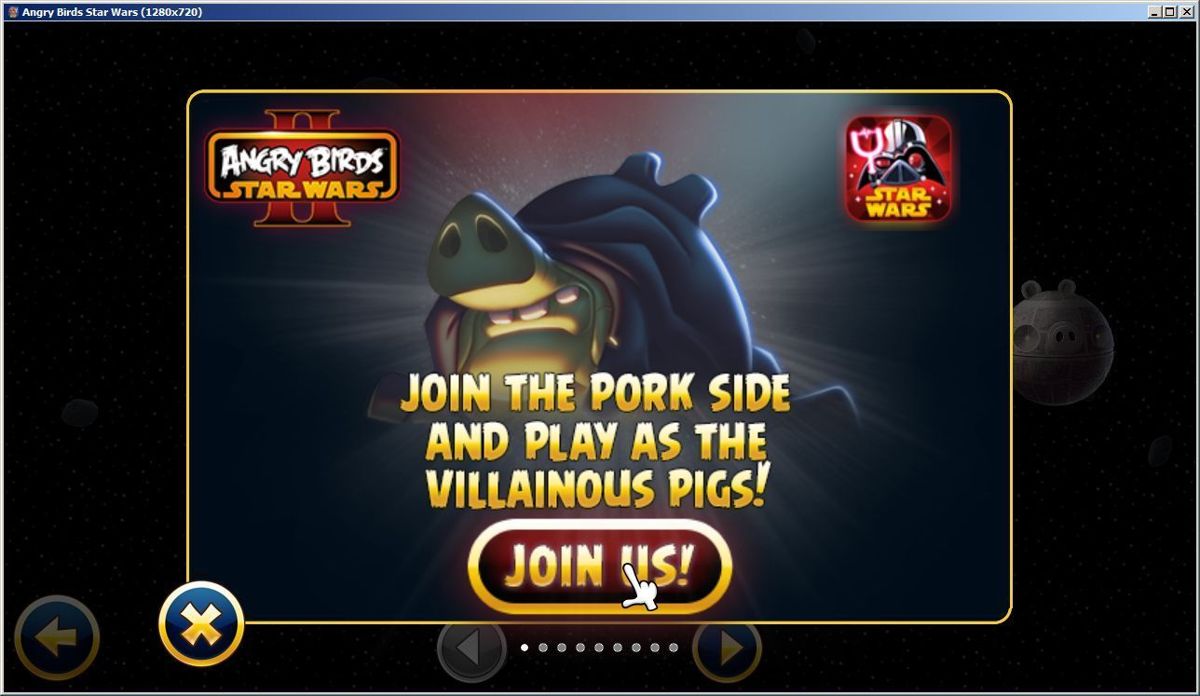 Angry Birds: Star Wars (Windows) screenshot: A ghostly pig appears in the menu screens, when clicked on it brings up this advertisement for the next game