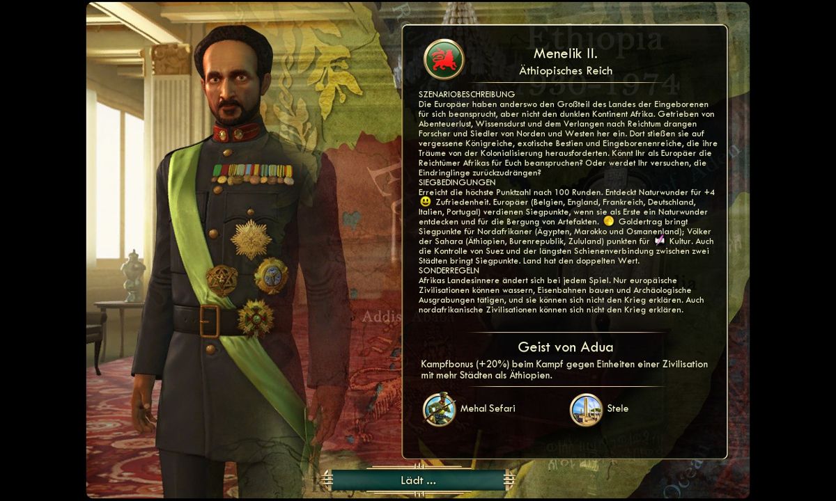 Sid Meier's Civilization V: Brave New World (Windows) screenshot: New nation, new leader: Menelik II from Ethiopia.