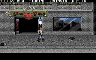 Double Dragon 3: The Rosetta Stone (DOS) screenshot: Start screen, head into the weapons shop, quick.