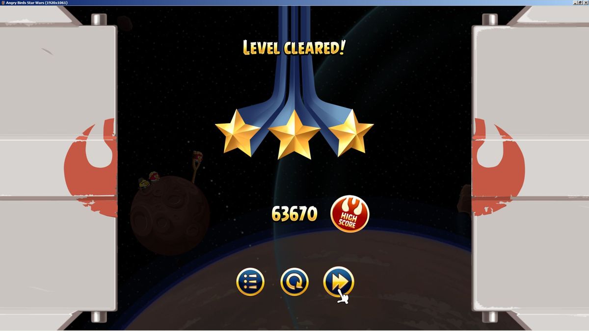 Angry Birds: Star Wars (Windows) screenshot: When a level is cleared successfully the player earned points and stars, the stars unlock other game areas