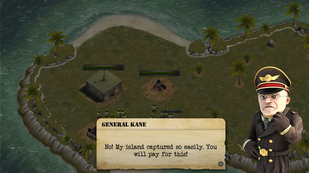 Battle Islands (PlayStation 4) screenshot: The enemy general is angry that we've so easily captured his island.