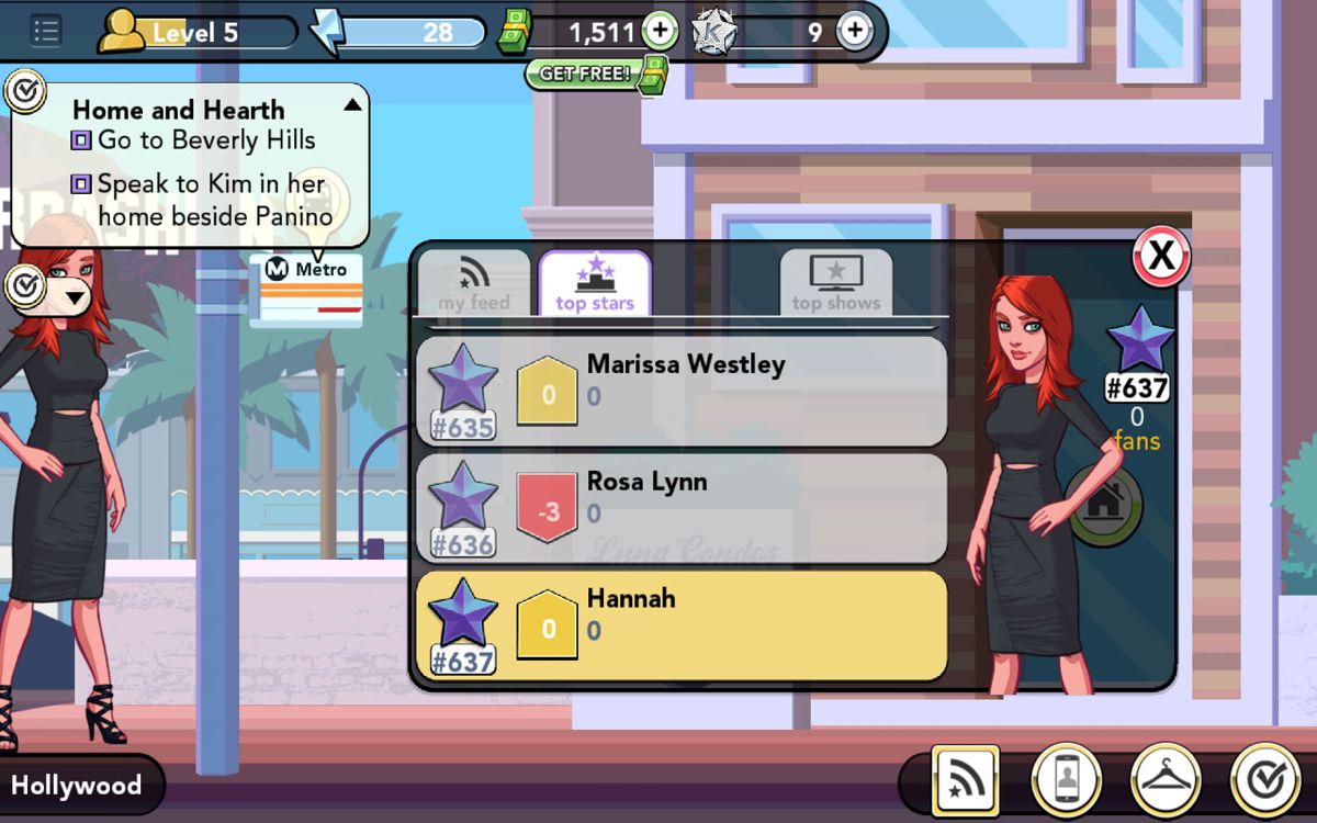 Kim Kardashian: Hollywood (Android) screenshot: Progress for popularity, at the moment Hannah is still an E-level celebrity.