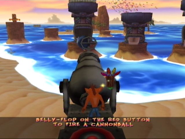 Crash Twinsanity (Xbox) screenshot: Fire the cannon to lower the platforms.