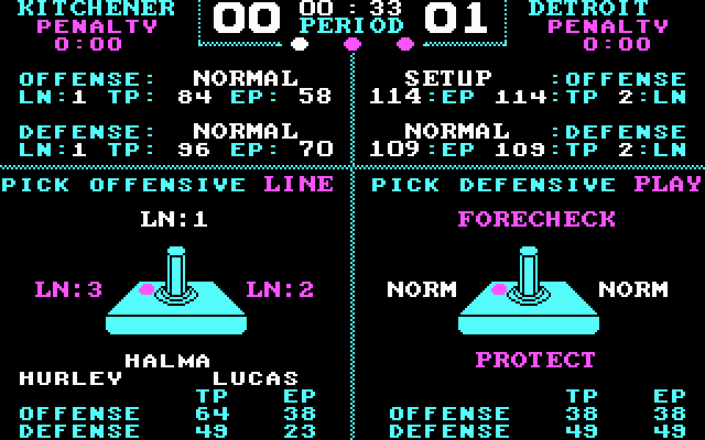 Superstar Ice Hockey (DOS) screenshot: During the game you can choose lines and strategies (CGA).