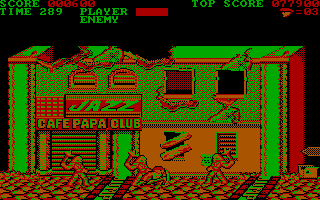 Trojan (DOS) screenshot: Fighting numerous enemies (CGA).