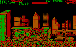 Trojan (DOS) screenshot: Watch out for that guy hiding in the sewer! (CGA)
