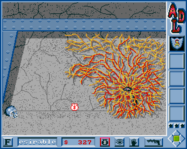 Alien Drug Lords: The Chyropian Connection (Amiga) screenshot: Sharing a cell with an alien fungus, and a skull