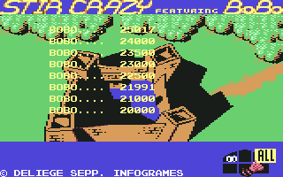 Stir Crazy featuring BoBo (Commodore 64) screenshot: Title, High Scores, Menu, Top 8, and Prison