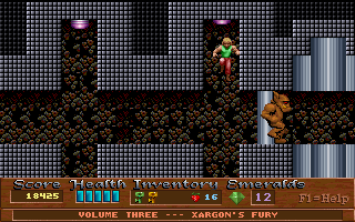 Xargon (DOS) screenshot: Episode 3; Lots of underground levels and mazes. You've got to bump the ceiling buttons to open certain walls like the one that brute is behind.