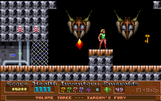 Xargon (DOS) screenshot: Not sure what these guys are but they're guarding that last key in Xargon's castle.