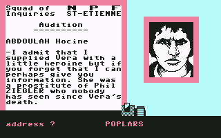 Vera Cruz (Commodore 64) screenshot: Interrogating the drug pusher