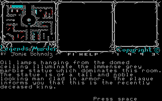 Legends of Murder: Volume 1 - Stonedale Castle (DOS) screenshot: You are in the room with marble statue of recently deceased King...