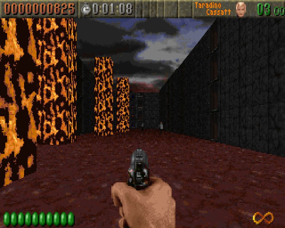 Rise of the Triad: Dark War (Windows) screenshot: Enemies and lava columns in The HUNT Begins