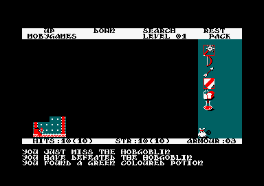 Rogue (Amstrad CPC) screenshot: I beat a hobgoblin and found a green potion