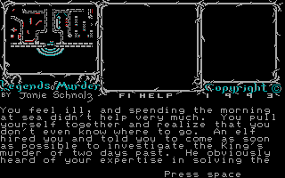 Legends of Murder: Volume 1 - Stonedale Castle (DOS) screenshot: Description of your arrival to the castle