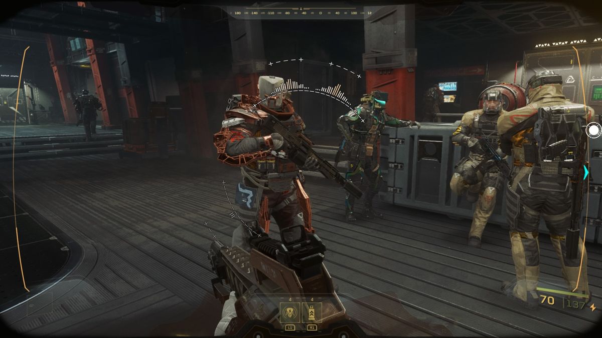 Call of Duty: Infinite Warfare (PlayStation 4) screenshot: When disguised as an enemy combatant, you can freely move around them