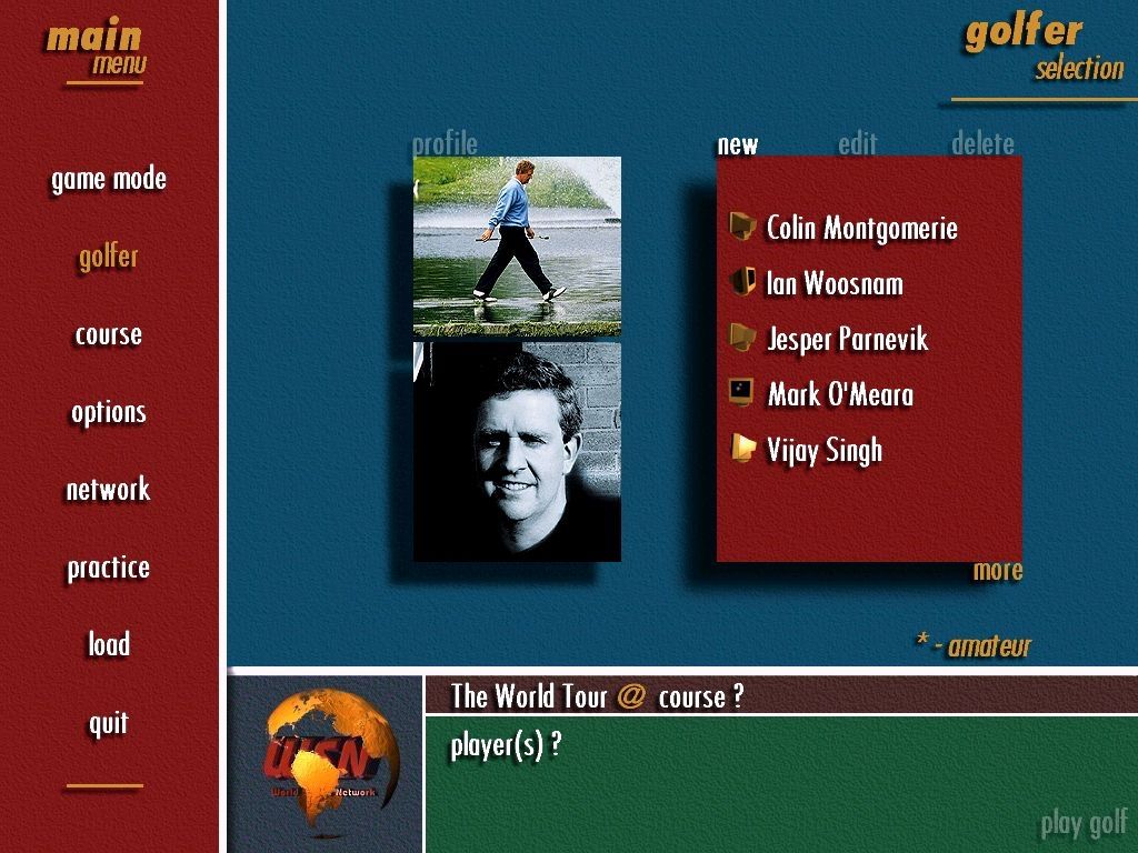 Pro 18 World Tour Golf (Windows) screenshot: The first player selection screen. There are eight professional golfers, four amateur golfers plus a player identity