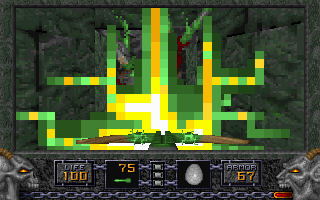 H!Zone (DOS) screenshot: Nailing an enemy with crossbow-launched Ethereal Arrows