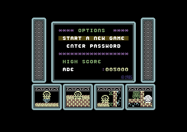 One Man and His Droid (Commodore 64) screenshot: Options. Only ones are to start a game or enter password.