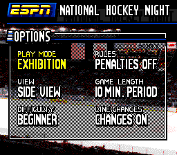 ESPN National Hockey Night (Genesis) screenshot: Options