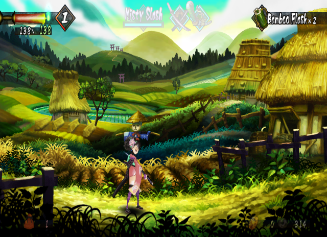 Muramasa: The Demon Blade (Wii) screenshot: Sheating your trusty sword after a well deserved victory.