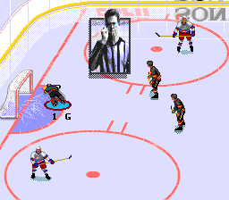 ESPN National Hockey Night (Genesis) screenshot: Goalie holds on to the puck
