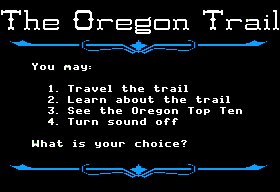 The Oregon Trail (Apple II) screenshot: Main menu.