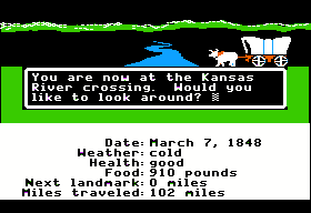 The Oregon Trail (Apple II) screenshot: Came to a river.