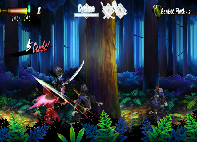Muramasa: The Demon Blade (Wii) screenshot: And now for something completely different... trying out our dude. He does seem stronger, but slower in his attacks.