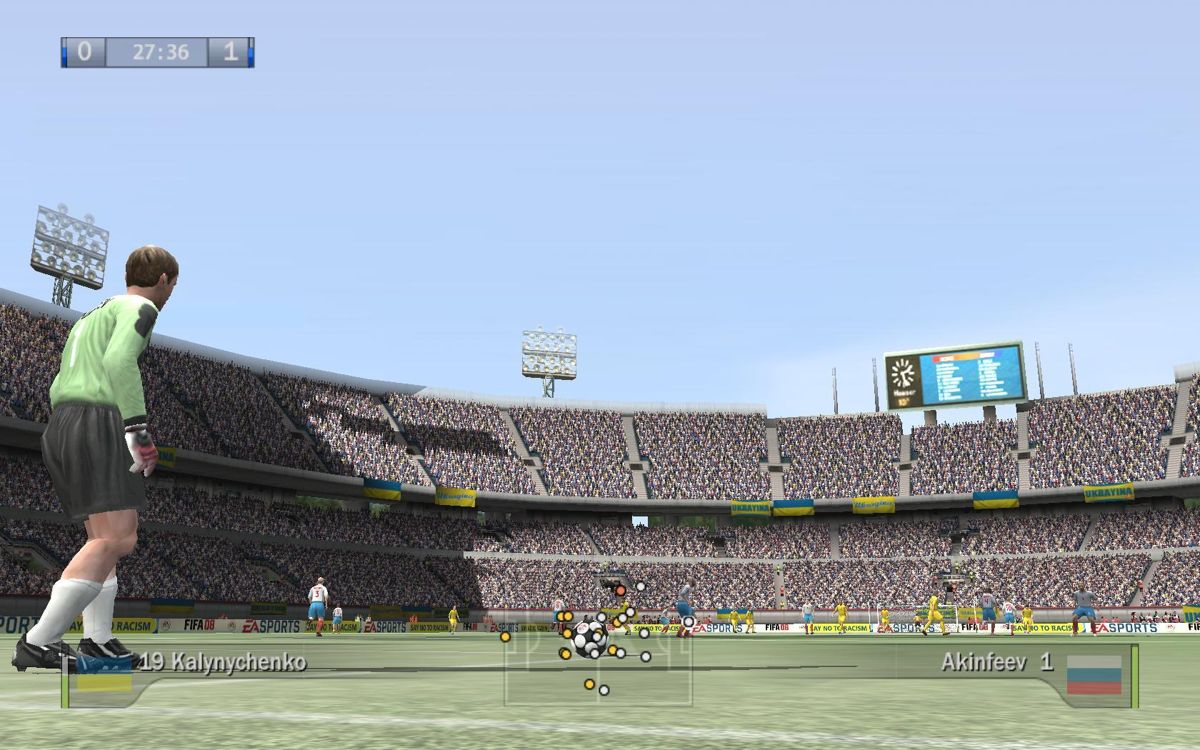 FIFA Soccer 08 (Windows) screenshot: Performing a goal with a nice view of the stadium.