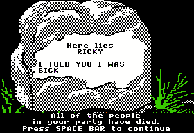 The Oregon Trail (Apple II) screenshot: GAME OVER - We all died!