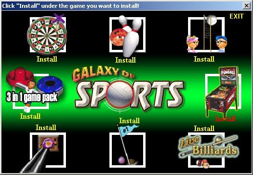 Galaxy of Sports (Windows) screenshot: The install process brings up this menu from which each game is installed separately, once installed the games are run from either the Windows Start menu or desktop icons